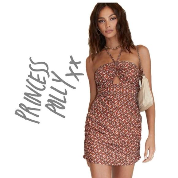 PRINCESS POLLY MINI DRESS BROWN FLORAL SZ 2 RUCHED BODYCON AESTHETIC REVEALING - Picture 1 of 16